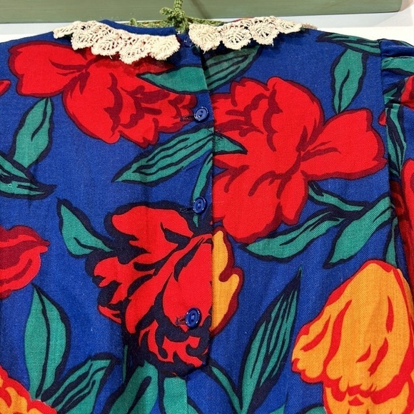 DORISSA INTERNATIONAL NICOLE DRESS VINTAGE blue FLORAL VICTORIAN PUFF SLEEVE 10 - Picture 9 of 10